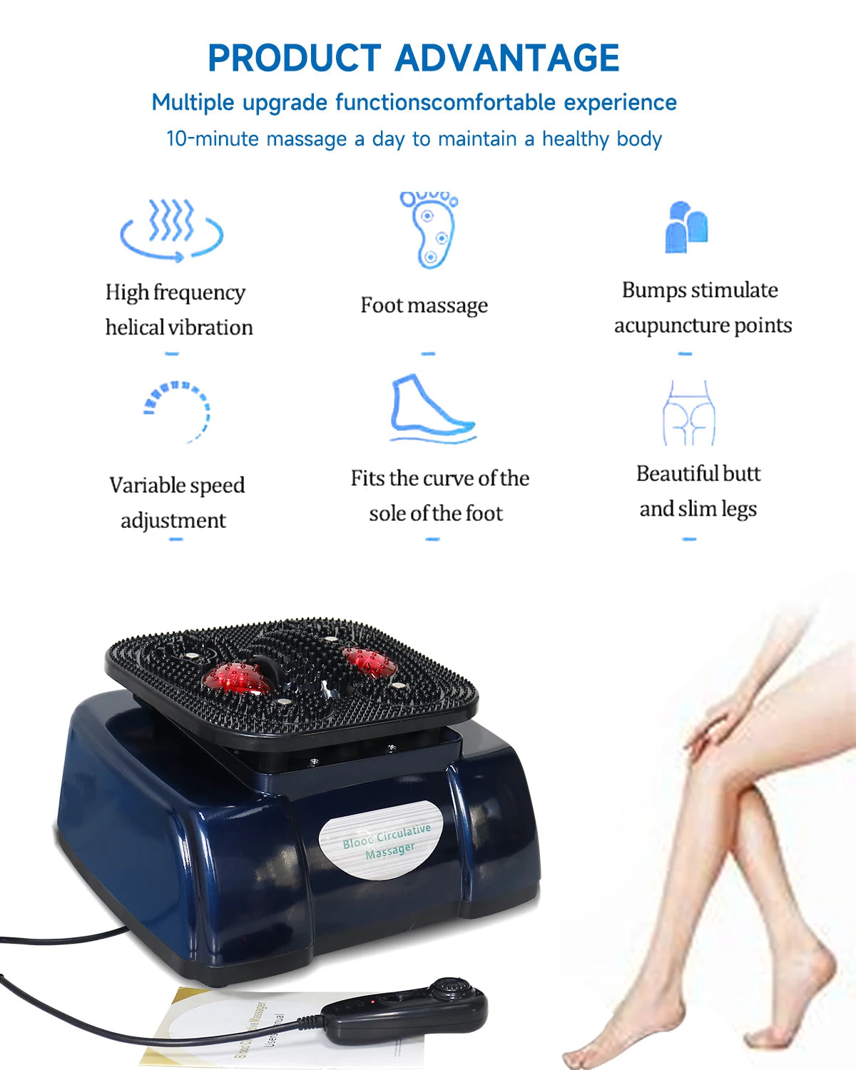 4QUEENS vibrating foot massager with acupressure bumps for blood circulation, pain relief, and leg massage therapy.