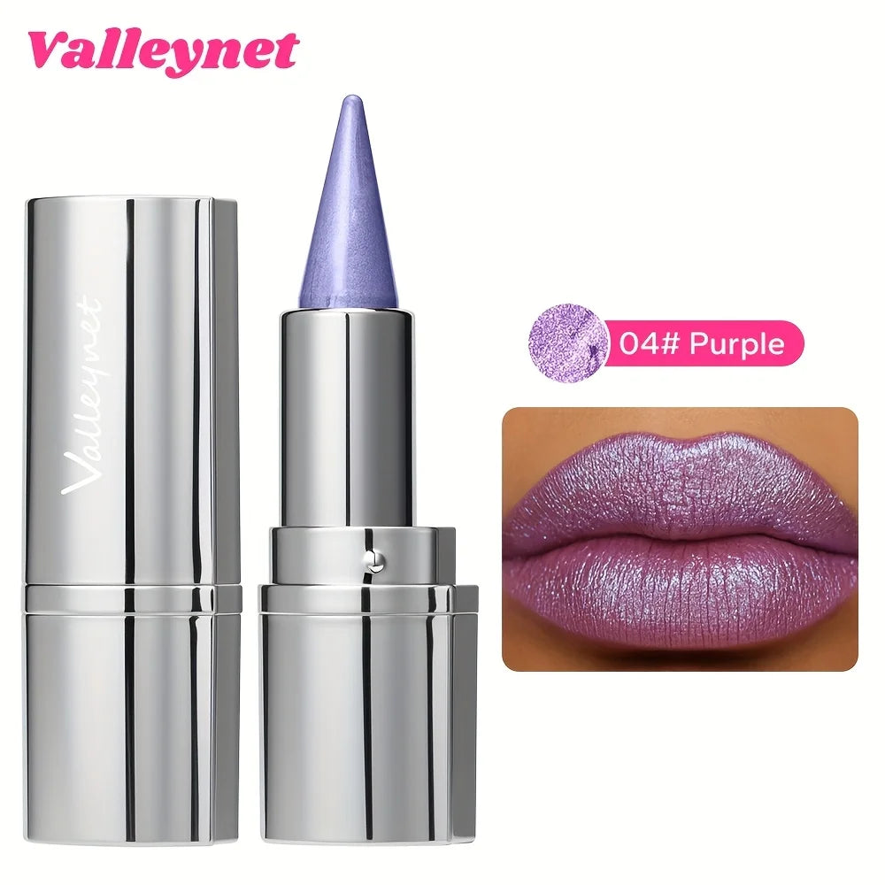 Purple metallic glitter lipstick in silver casing with shimmering long-lasting finish on lips.