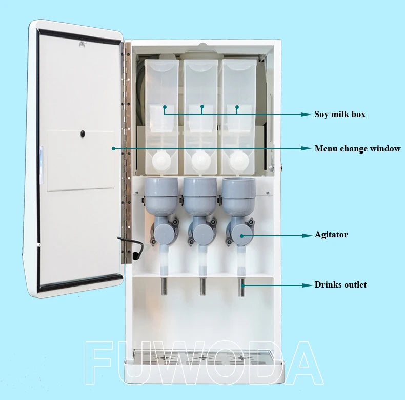 Fumoda commercial 3-canister white beverage dispenser with soy milk boxes, agitators, and drink outlets.