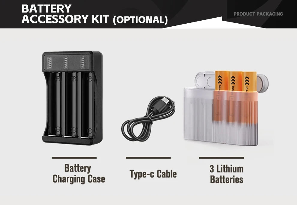 Optional battery accessory kit with black charging case, USB-C cable, and 3 orange lithium batteries in clear case.