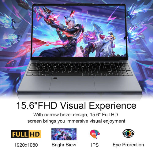 Grey 15.6-inch laptop with narrow bezels, backlit keyboard, number pad, and fingerprint sensor on the trackpad.