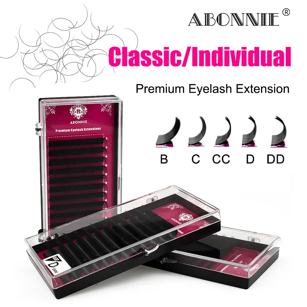 Abonnie black individual eyelash extension trays with B, C, CC, D, and DD curl options shown in clear display boxes.