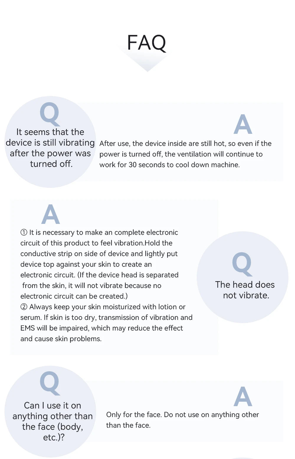 ANLAN EMS facial massager FAQ guide explaining vibration, cooling, and usage instructions for skin rejuvenation.