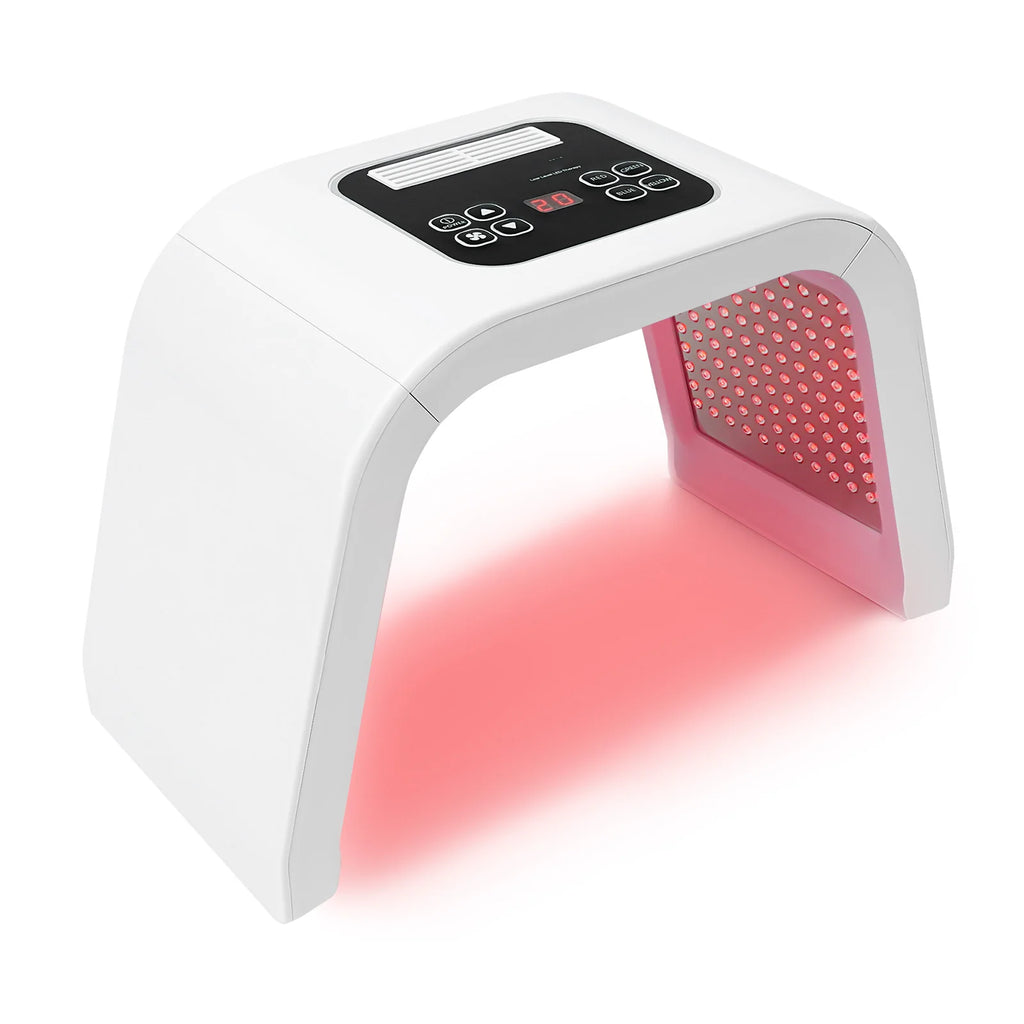 White arched LED light therapy device for facial skin care with a top digital control panel and red light emission.