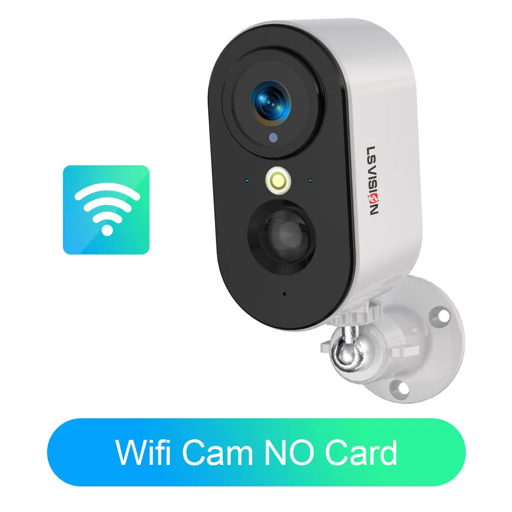 WiFi wireless PTZ battery camera in white and black with dual lenses and mounting base