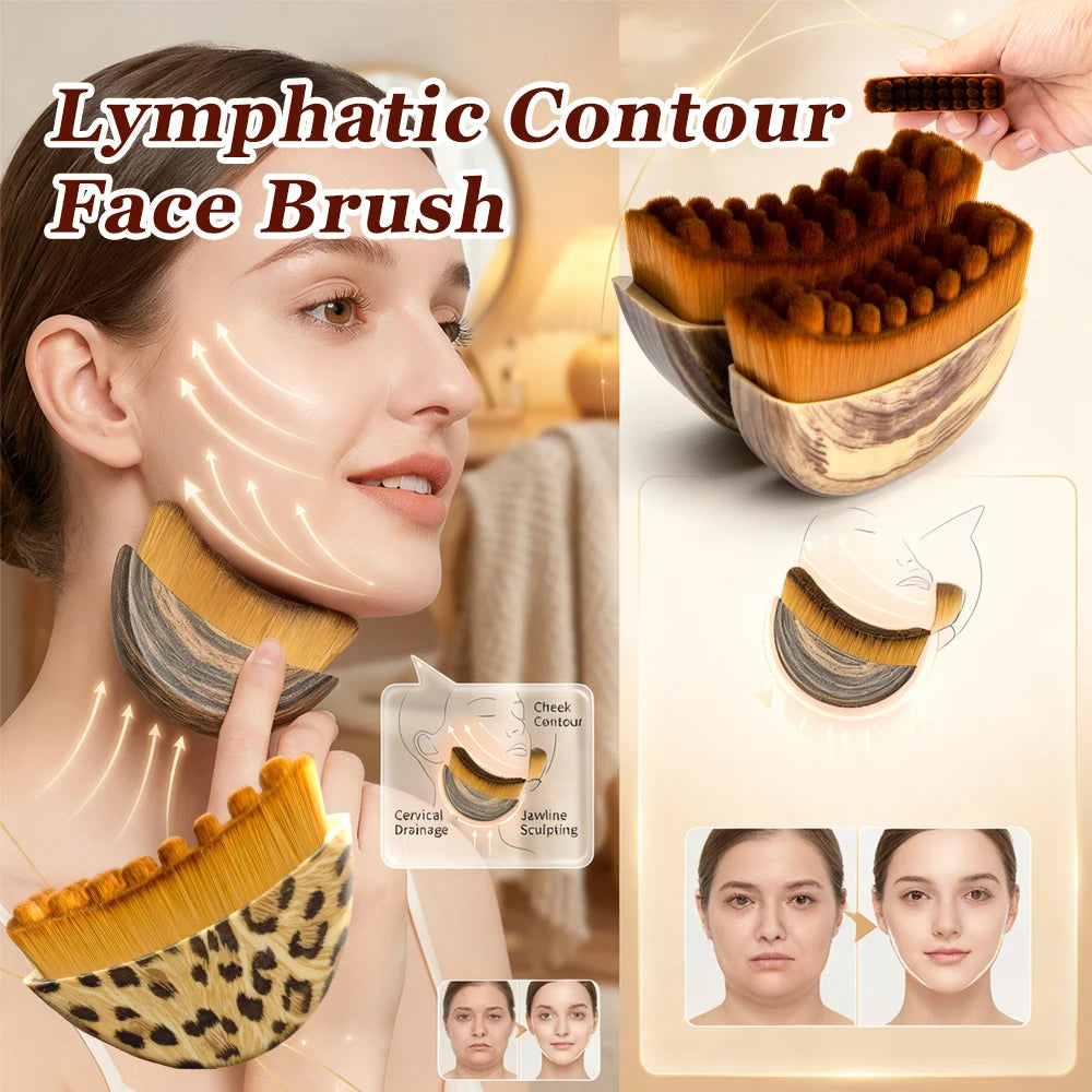 Crescent-shaped face brush with thick brown bristles and patterned handle, used for lymphatic drainage and facial