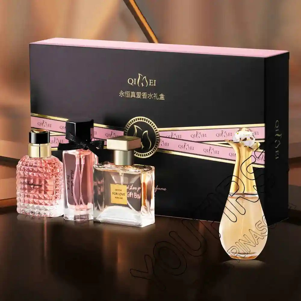 QIMEI 4-piece women's EDP perfume gift set. Floral fruity scent, elegant glass bottles, luxury spray collection.