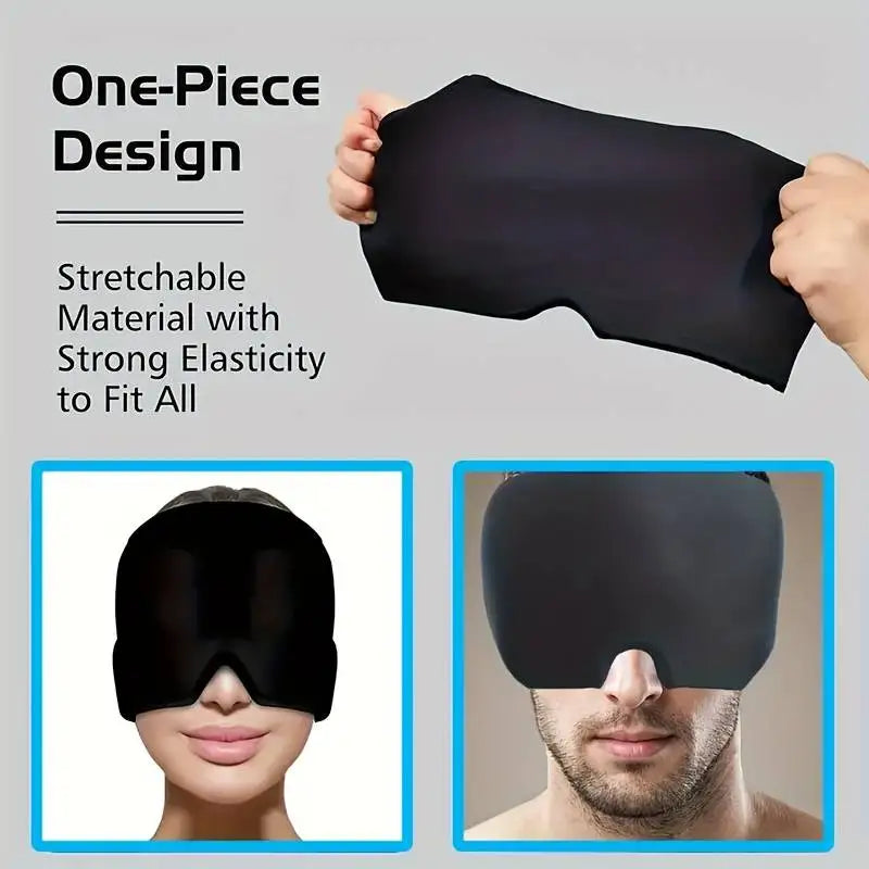Black stretchable gel ice migraine relief cap for headaches, tension, and sinus stress, worn as a cold therapy mask.