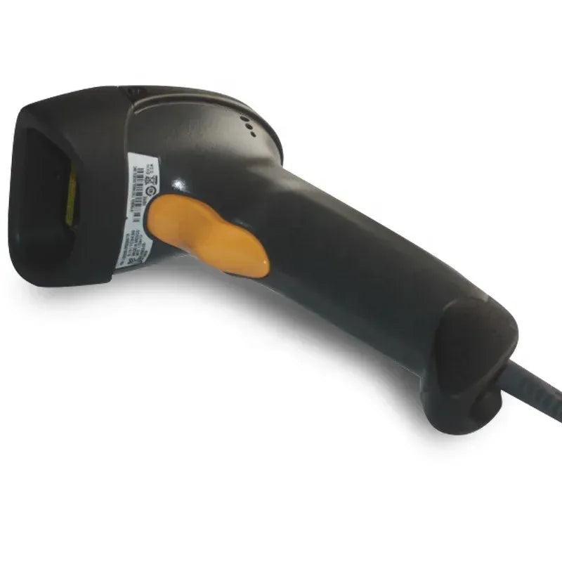 Black handheld barcode scanner angled view with orange trigger area