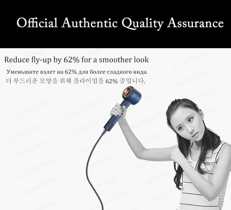 Blue professional leafless hair dryer with negative ion tech for frizz-free, quick-dry salon styling at home.