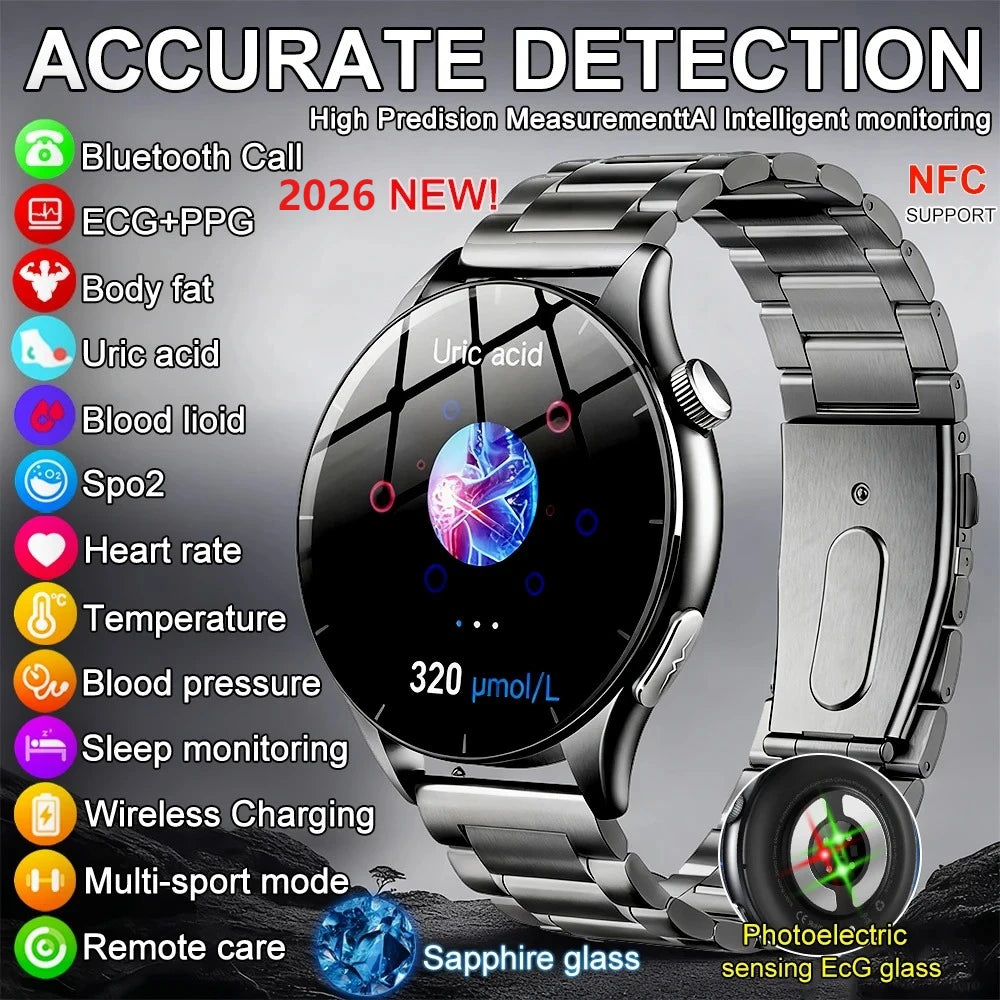 2026 New Health Analysis ECG+PPG Smart Watch Body Fat Uric Acid Blood Pressure Heart Rate Tracker NFC Smartwatch For Android IOS