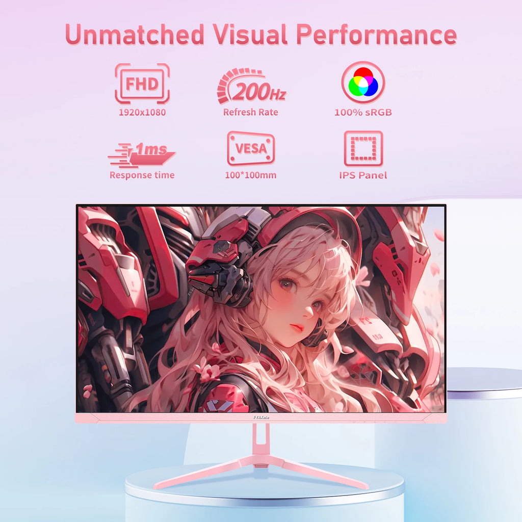 FYHXele 24" 200Hz Gaming Monitor FHD 1080P Fast IPS 1ms FreeSync 99% sRGB HDMI DP USB VESA Mountable Pink