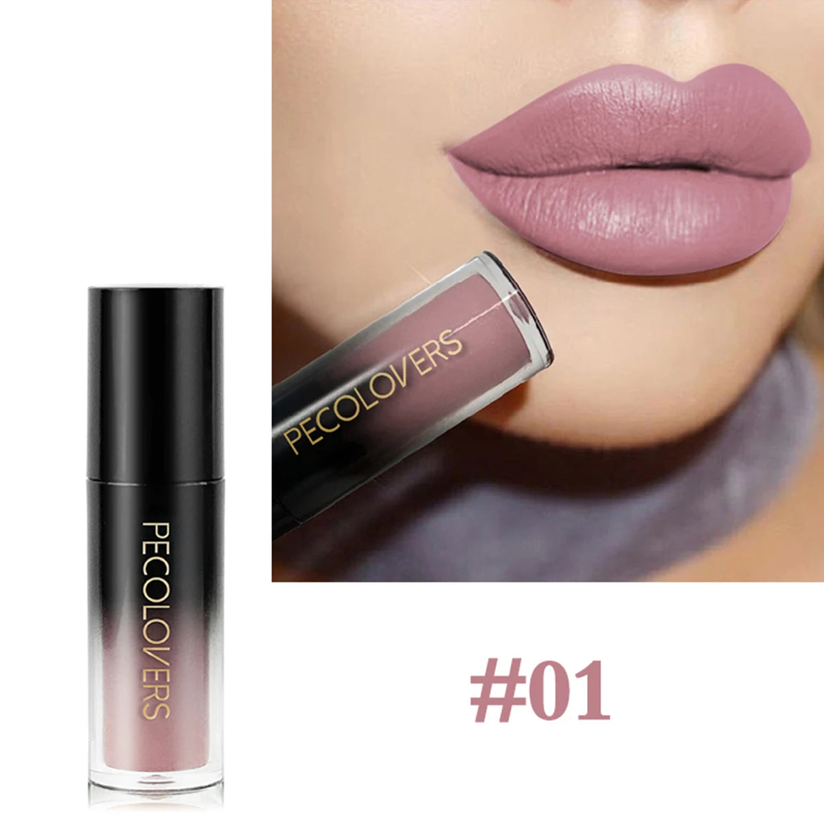 Mauve velvet liquid lipstick by PecoLovers. Waterproof, long-lasting, matte finish for smooth, moisturized lips. #01