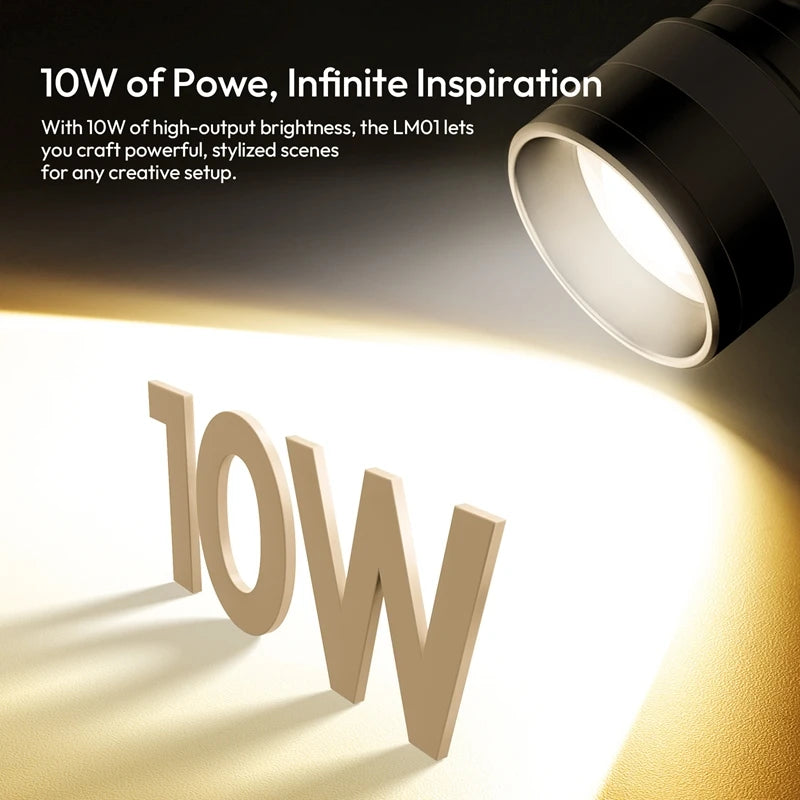 LM01 black cylindrical LED spotlight casting a bright beam of light on 3D “10W” lettering for creative photography.