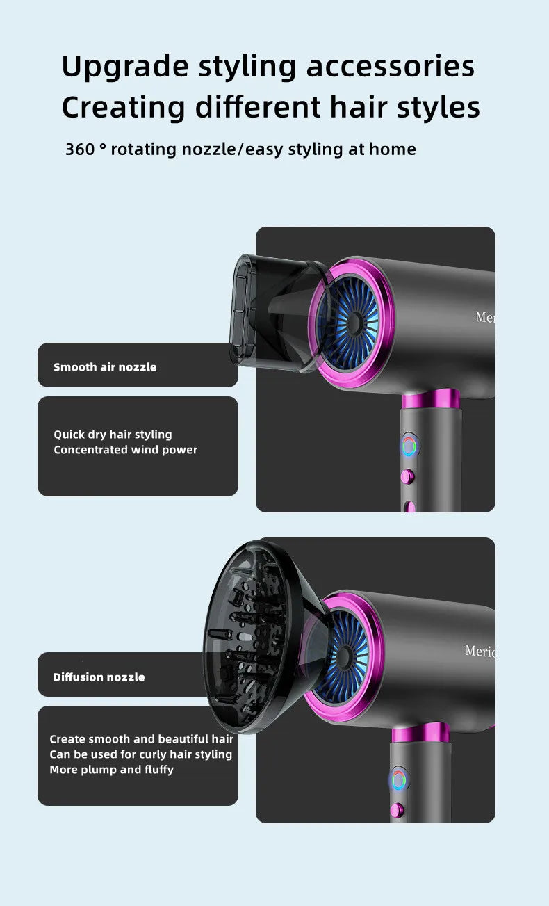 2400W high-speed grey hair dryer with pink accents, styling nozzle, and diffuser attachment for professional home use.