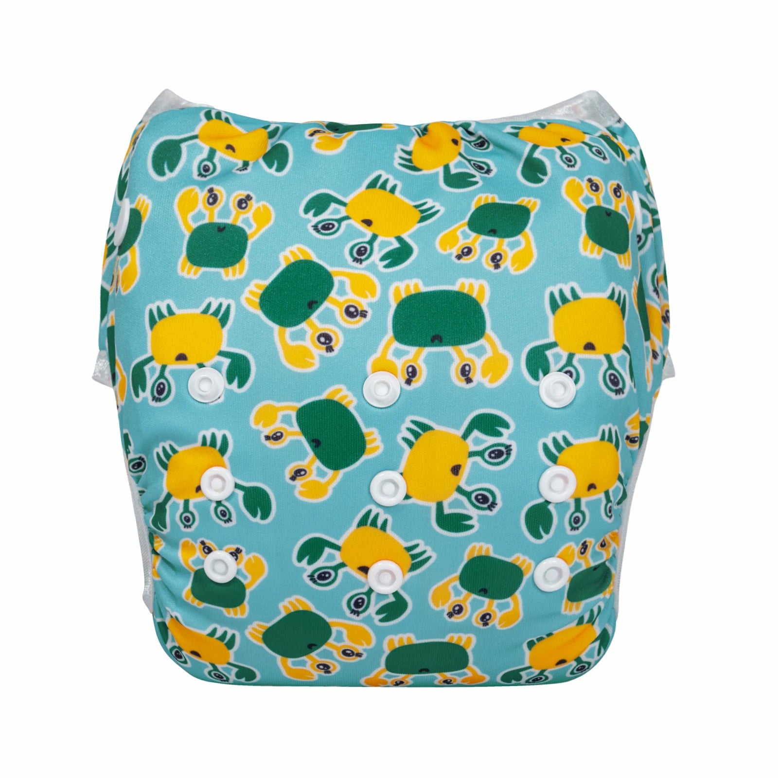 Reusable cloth baby diaper with adjustable snaps and cute yellow and green crab print pattern.
