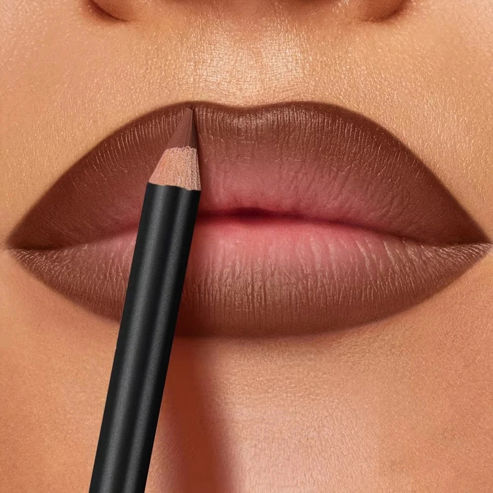 Long-lasting waterproof matte lip liner pencil applying deep brown, non-transfer shade to lined lips.