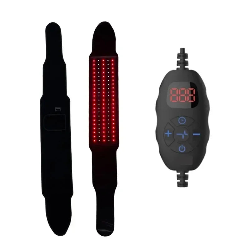 Red and infrared LED light therapy belt for pain relief with digital controller and flexible wrap design.