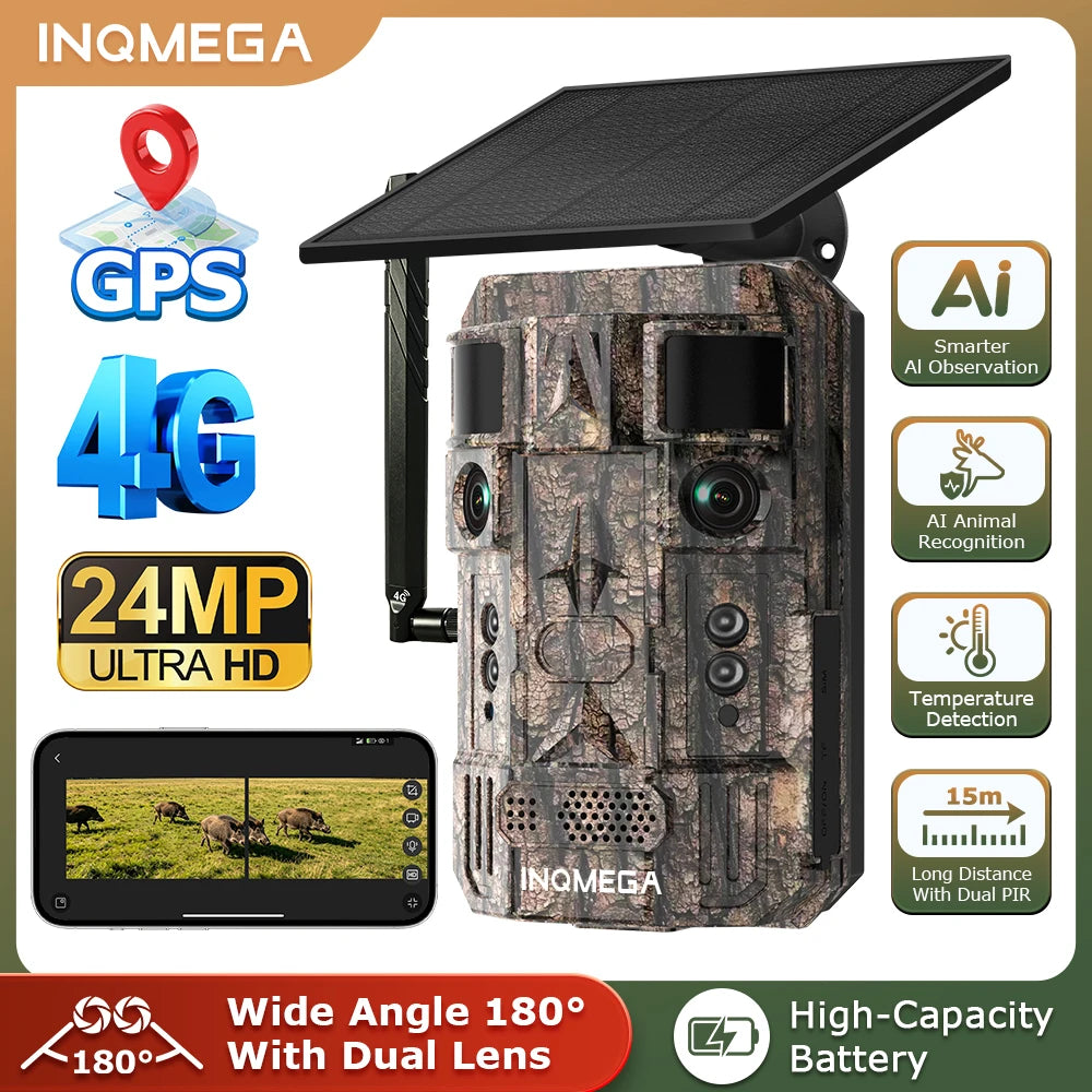 INQMEGA 24MP Dual Lens Solar 4G GPS Hunting Trail Camera AI PIR 180° Wide Angle Night Vision IP66 Outdoor Wildlife Camouflage