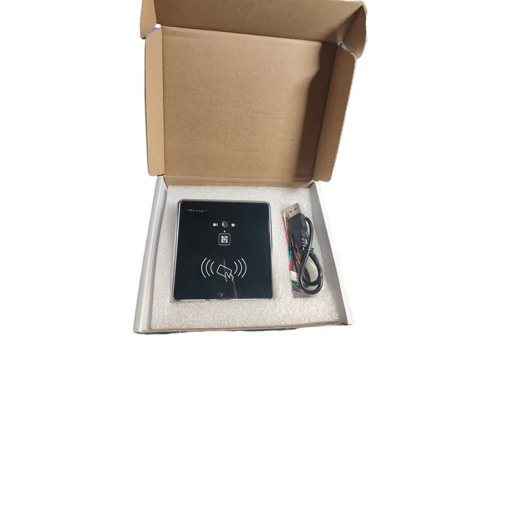 RFID card reader in open box with included cables and wiring harness