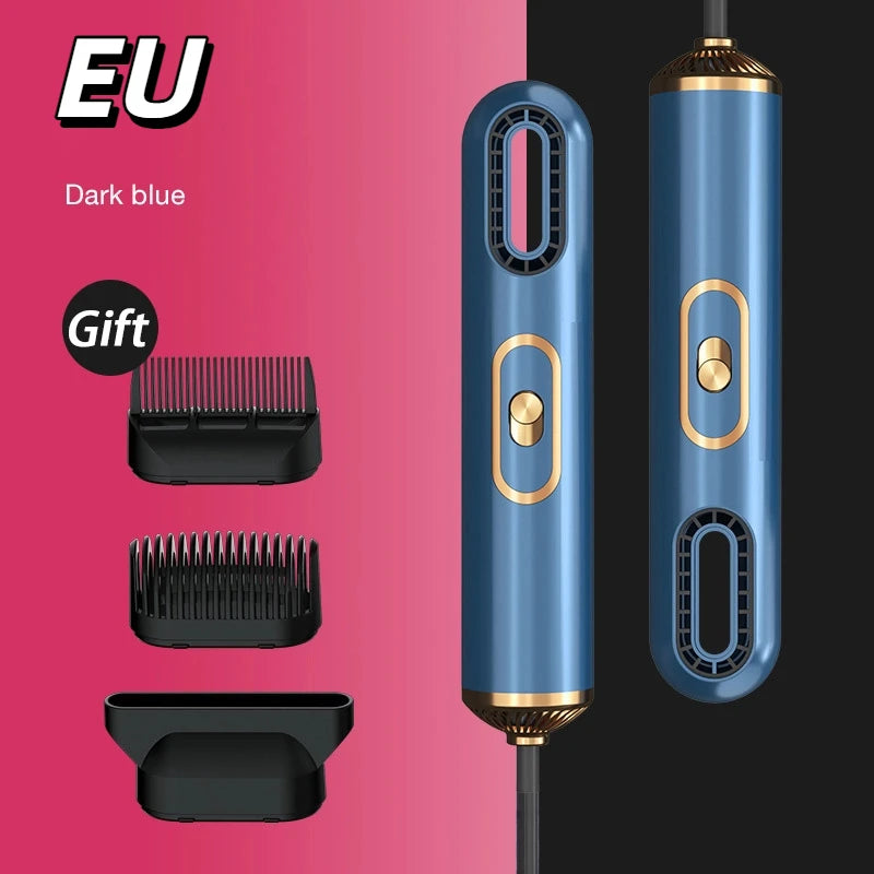 Dark blue professional high-speed ionic hair dryer with gold accents, three styling attachments, and EU plug.