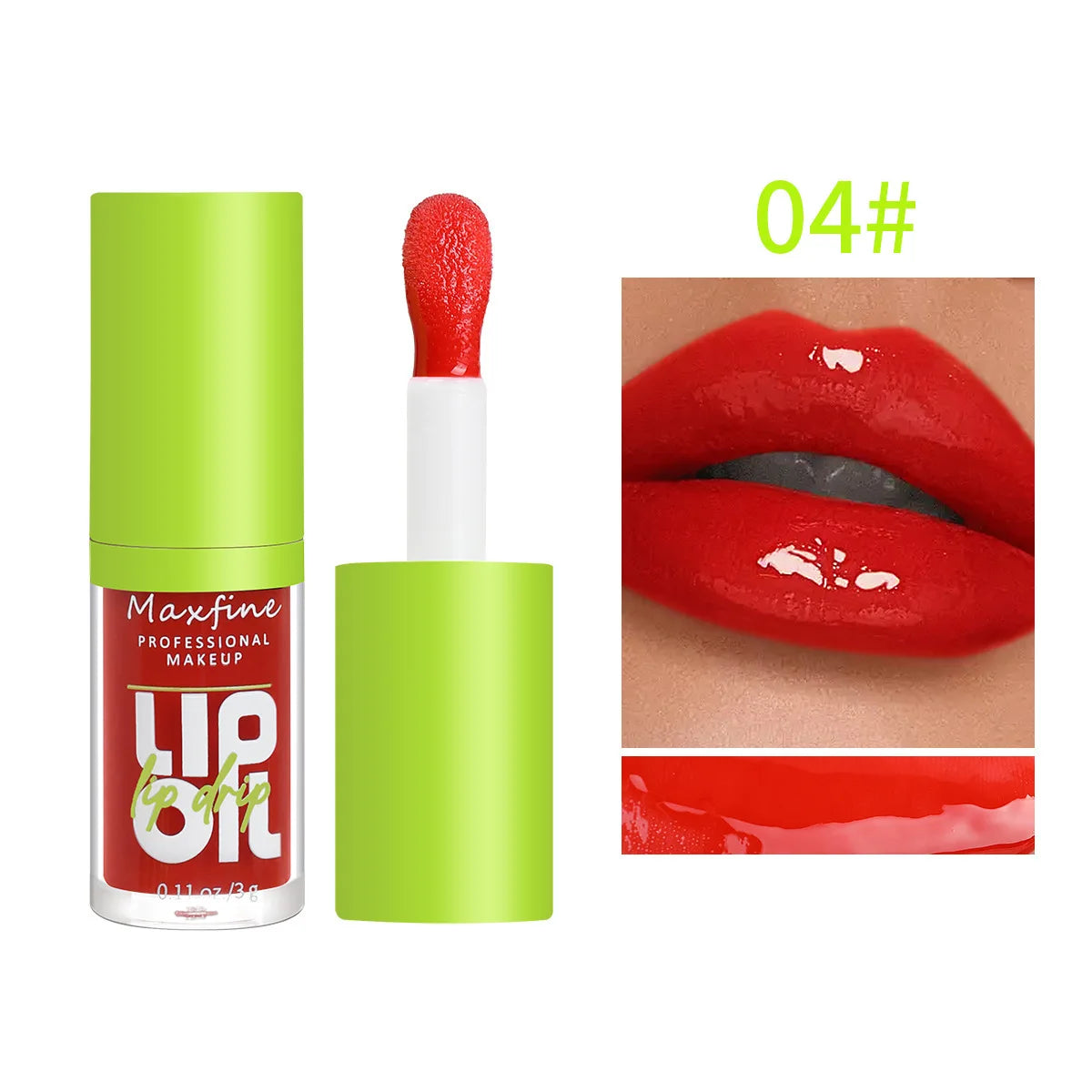 Maxfine waterproof red lip gloss with high-shine, hydrating finish and applicator, shade 04.