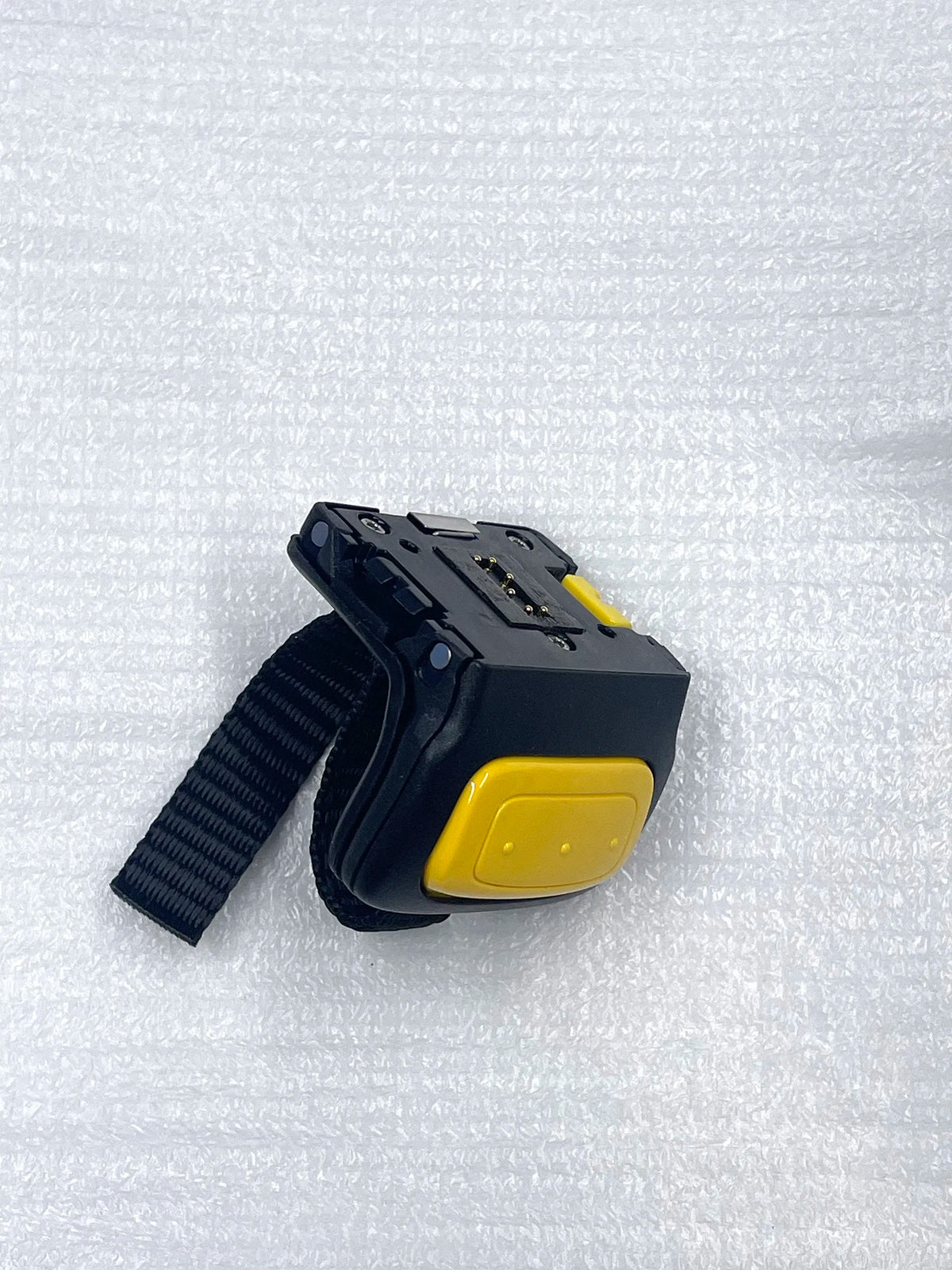 Black and yellow scan trigger assembly with black woven strap