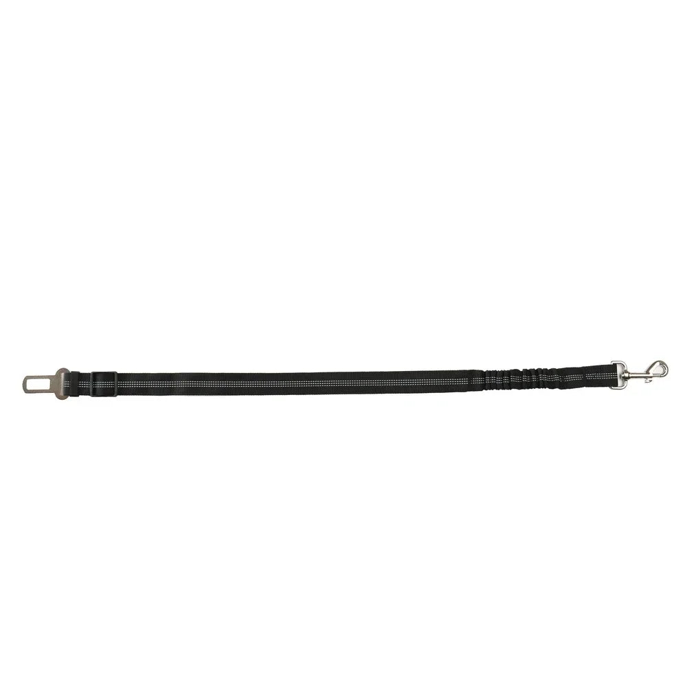 Adjustable black reflective dog car seat belt for safe, secure travel for all dog breeds and sizes.
