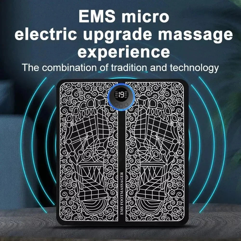 Black portable EMS foot massage mat with digital display for electric muscle stimulation and sore feet relief at home.