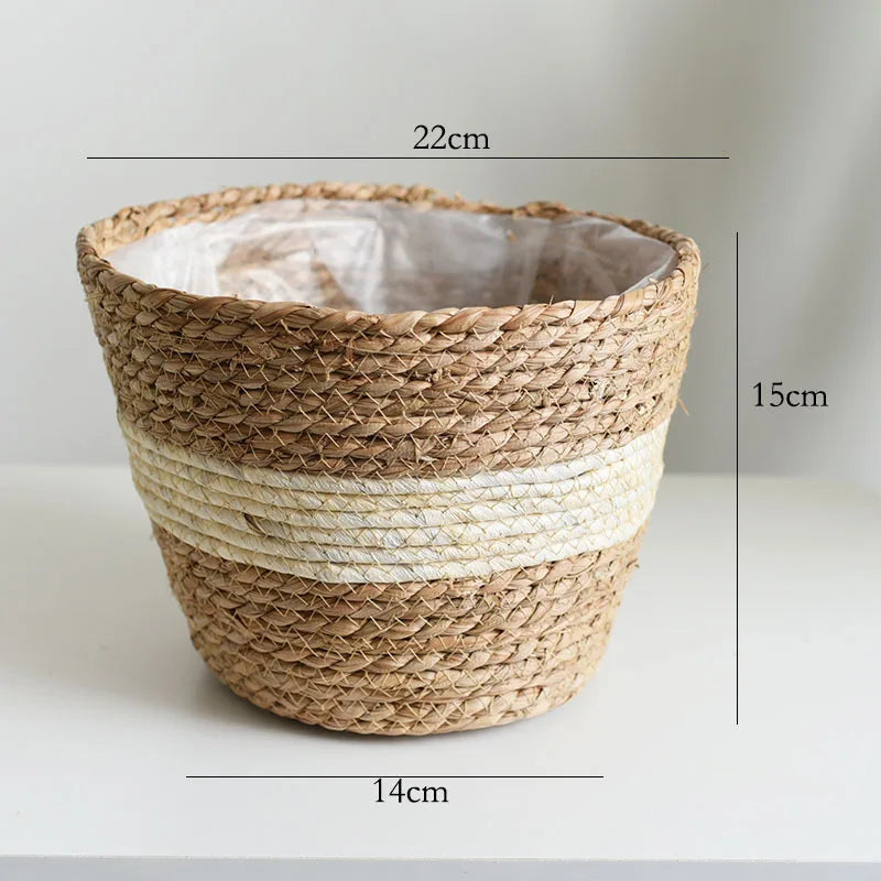 Natural tan straw woven plant pot basket planter with white inner lining