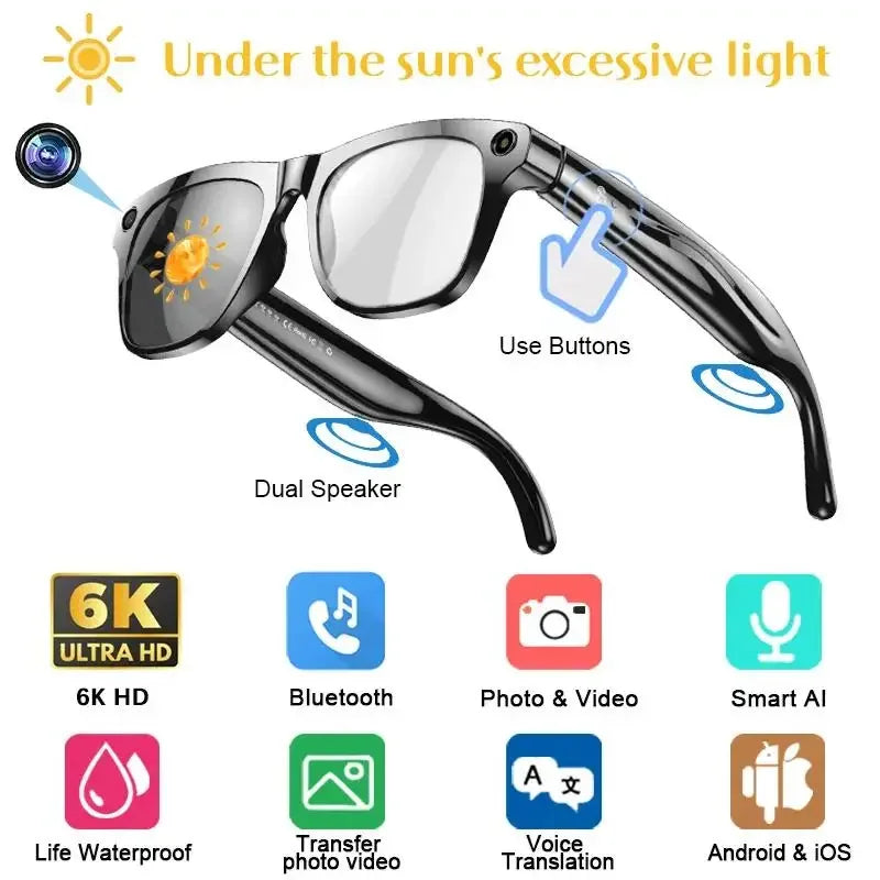 Smart glasses with a 6K camera, dual speakers, and Bluetooth for photography, recording, and voice translation.