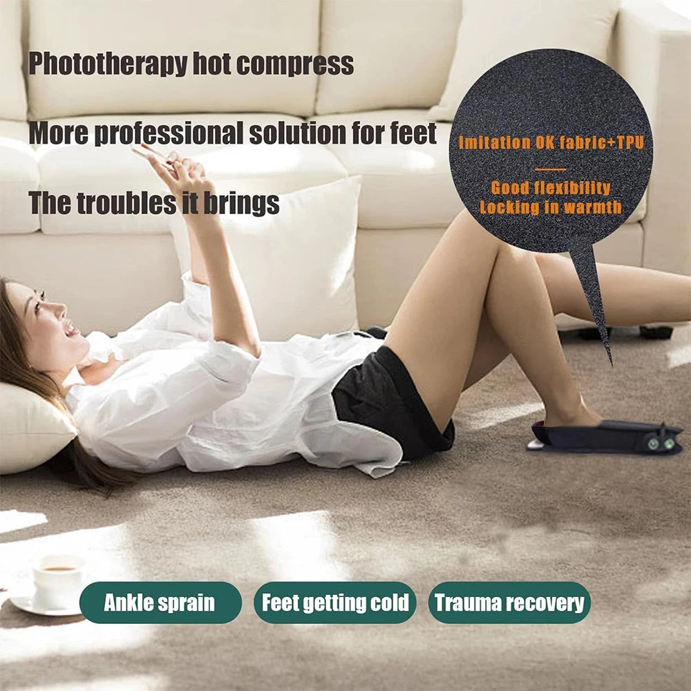 Woman using red light therapy foot massage slippers for pain relief and warmth on a living room floor.