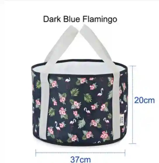 Foldable dark blue flamingo print foot bath spa basin for home relaxation and soaking, 37cm by 20cm portable bucket.