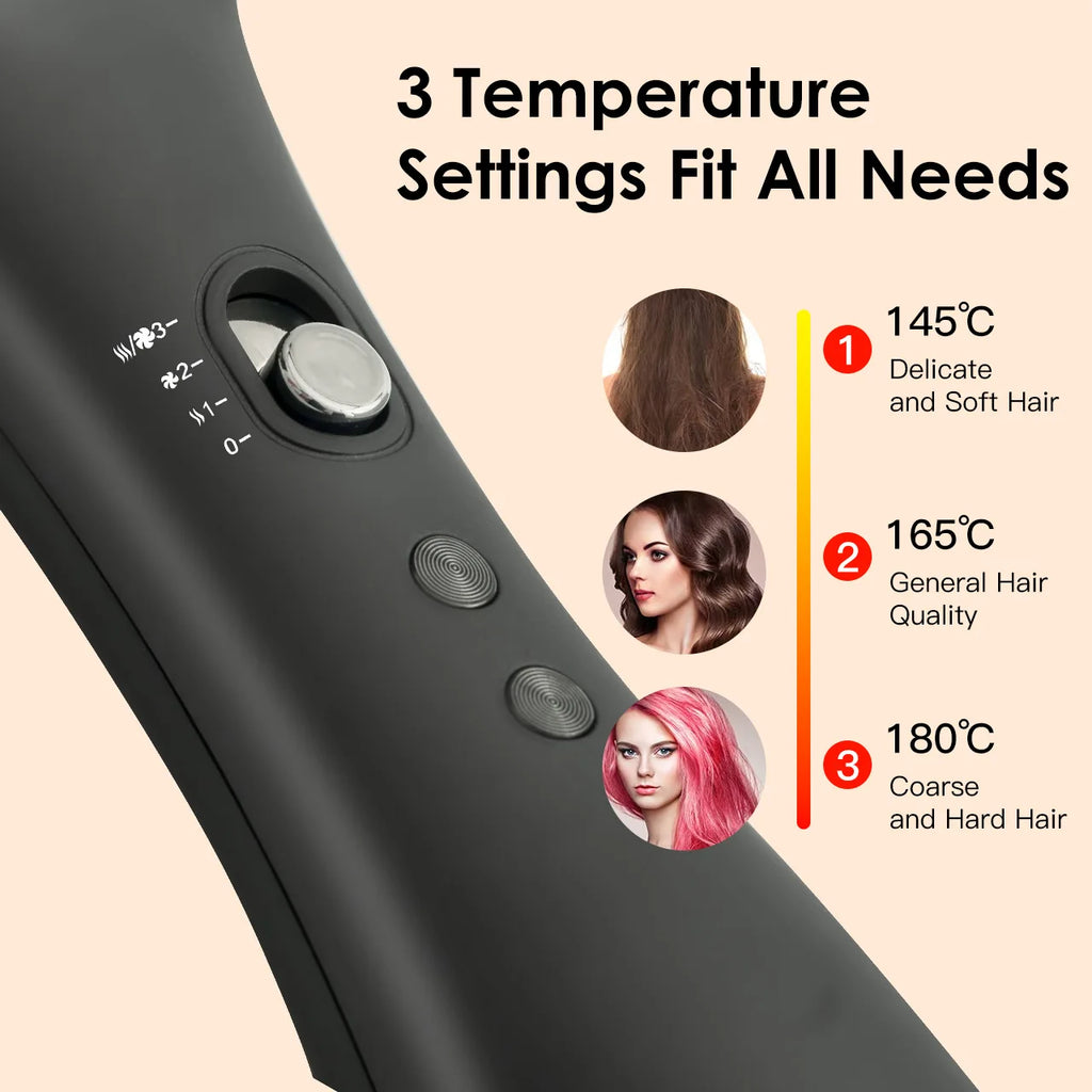 Black Hatteker hot air styling brush featuring 3 adjustable temperature settings for straight or curly hair styling.