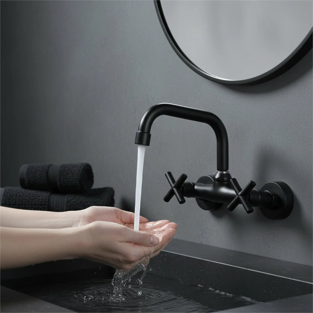 2-Handle Wall Mount 2-hole Bathroom Faucet Black, Copper & Ceramic 14.5-16.5cm Mounting Hole Distance 360° Rotatable
