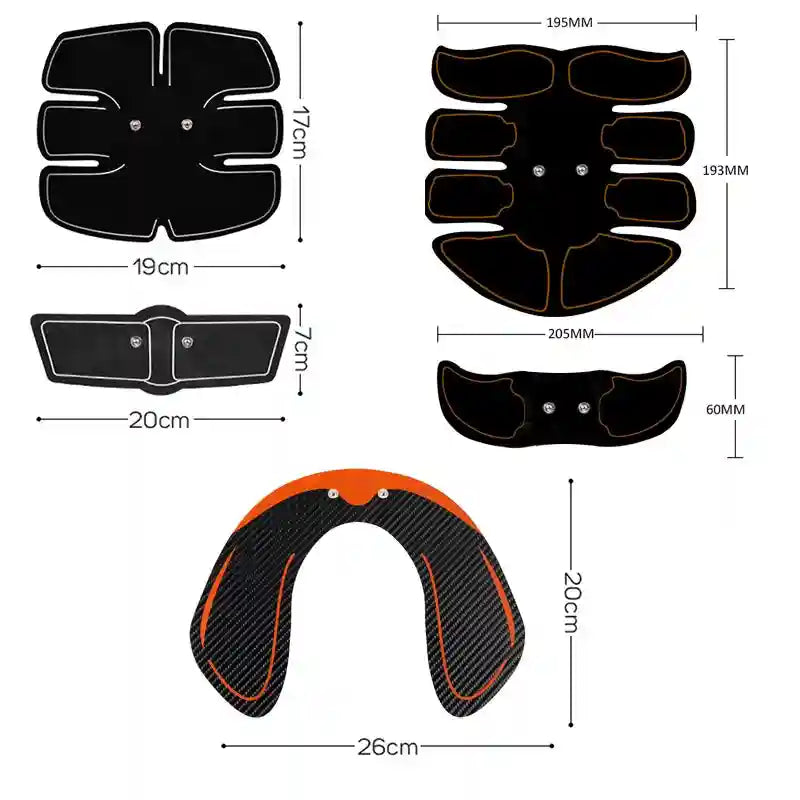 Set of five black EMS muscle stimulator pads for abs, arms, and glutes, with dimensions shown in centimeters and mm.