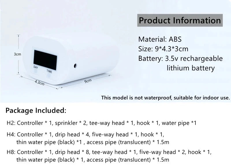 Compact white watering timer controller with LCD screen, buttons, and dimensions