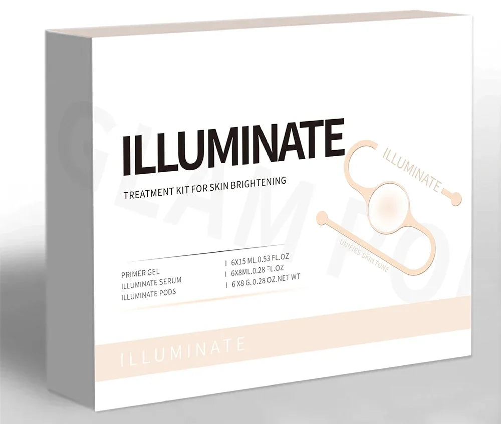 White rectangular box for Illuminate skin brightening treatment kit, featuring text, volumes, and a pale pink pod icon.