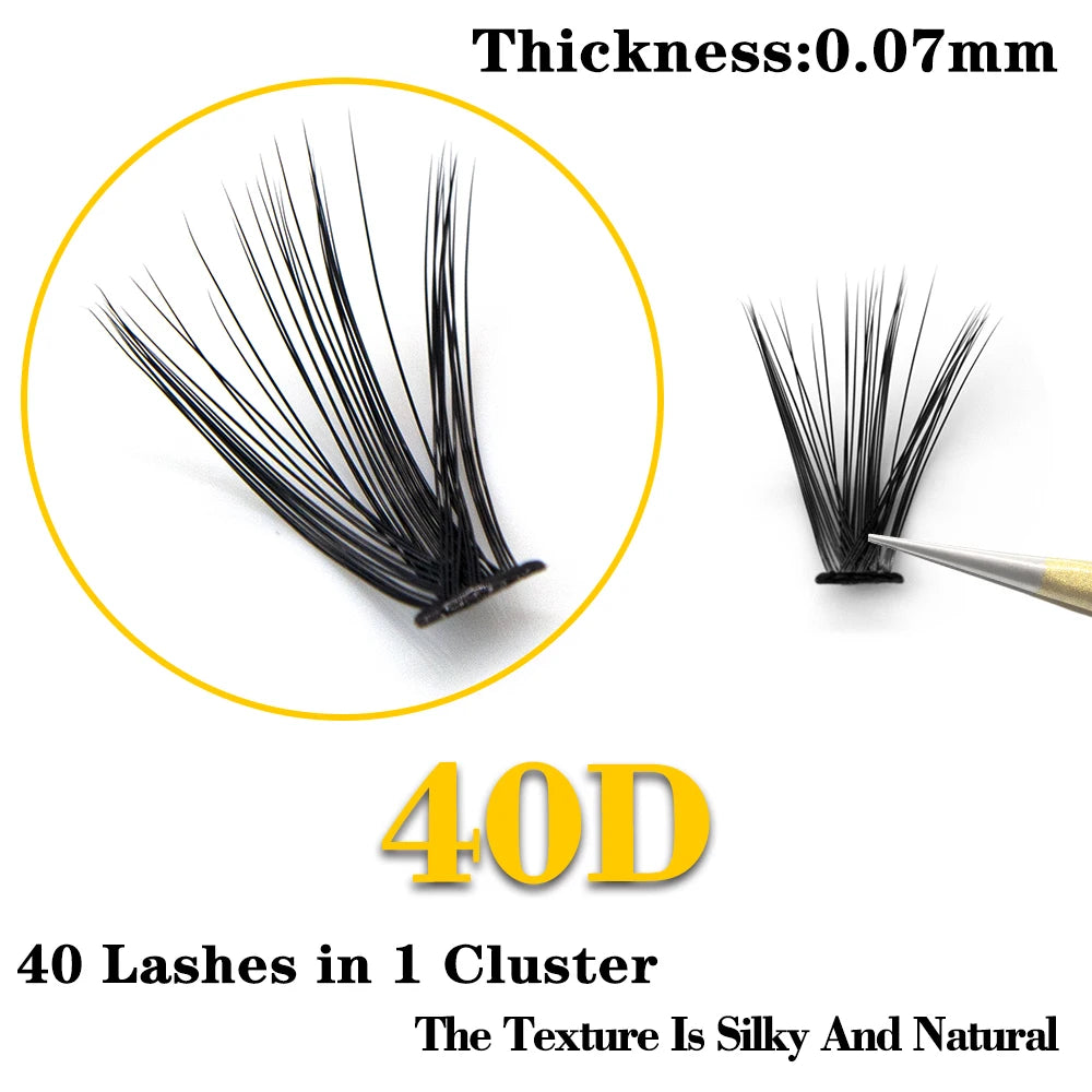 Black 40D individual mink eyelash cluster with 0.07mm thickness, featuring a silky, natural 3D Russian volume style.