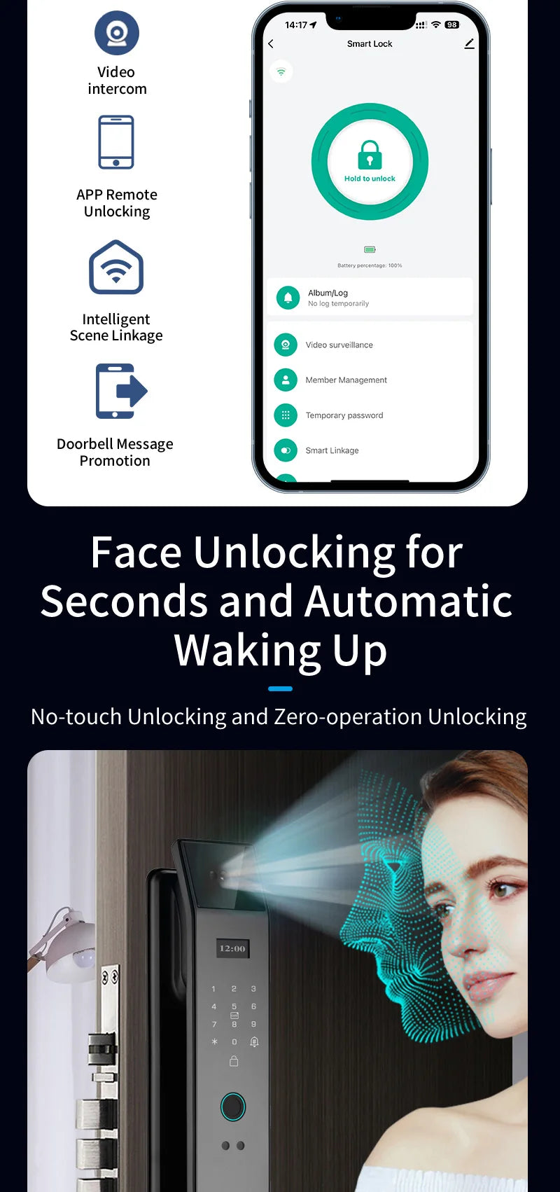 Tuya 3D Face Real-time Intercom Smart Door Lock Biometric Electronic Security Camera Intelligent Fingerprint Password Key Unlock