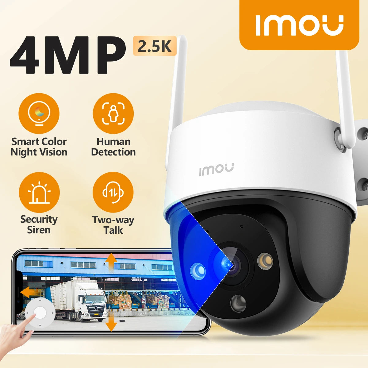 White dome outdoor Wi-Fi security camera with black lens, two antennas and blue light