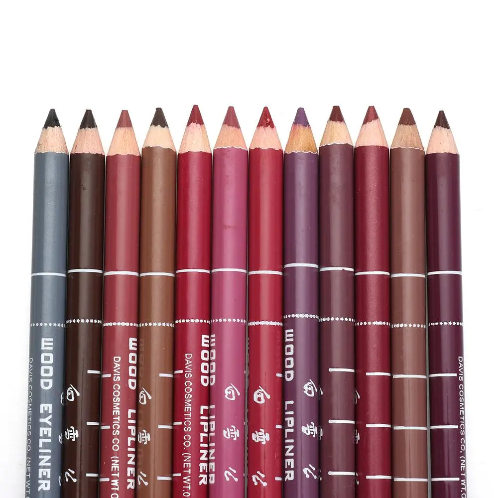 Professional wood lip liner pencils in assorted matte shades, waterproof long-lasting makeup, 12-piece set.