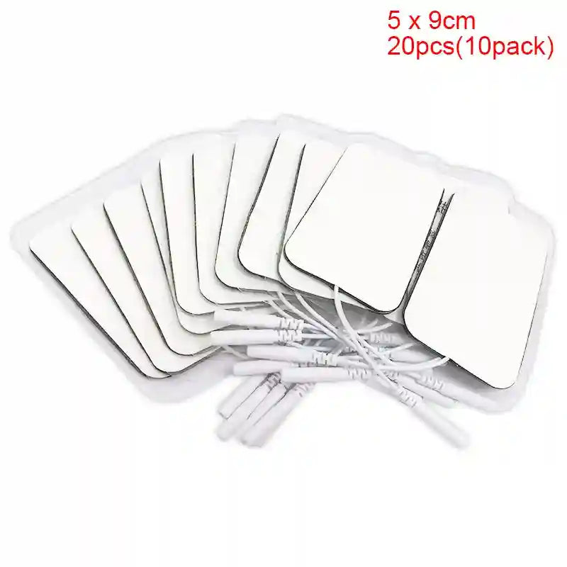 Twenty 5x9cm rectangular white TENS electrode pads with lead wires for muscle stimulation and pain relief therapy.