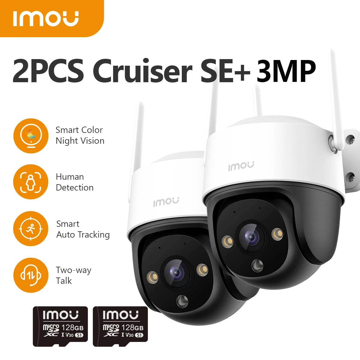 2PCS IMOU Cruiser SE+ 3MP outdoor Wi‑Fi cameras in a promotional graphic with accessories