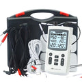 White 4-in-1 TENS/EMS combo unit with digital display, electrode pads, cables, and a black carrying case for pain