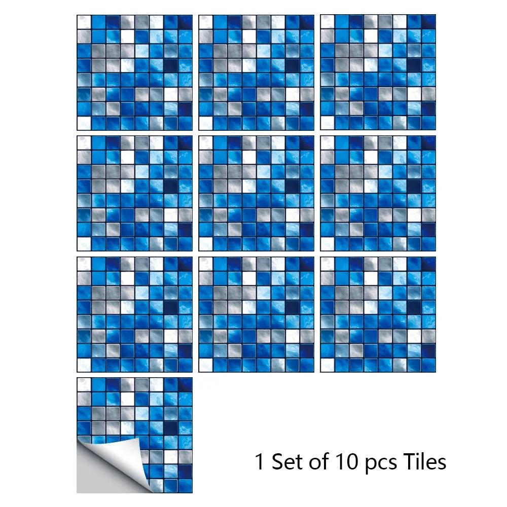 Mosaic tile sticker set, 10pcs blue and white mosaic square tile pattern
