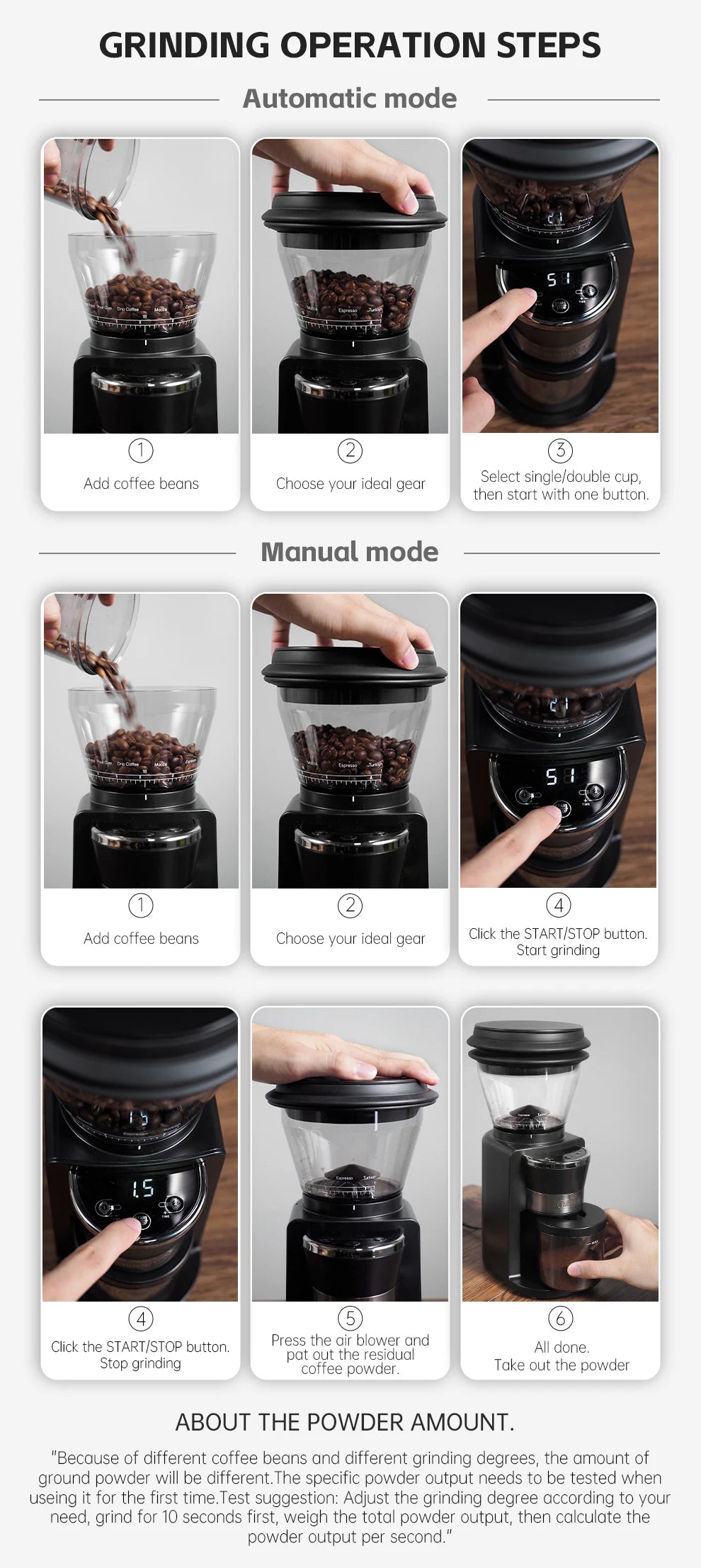 Black electric coffee bean grinder with digital display and clear hopper, demonstrating automatic and manual steps.