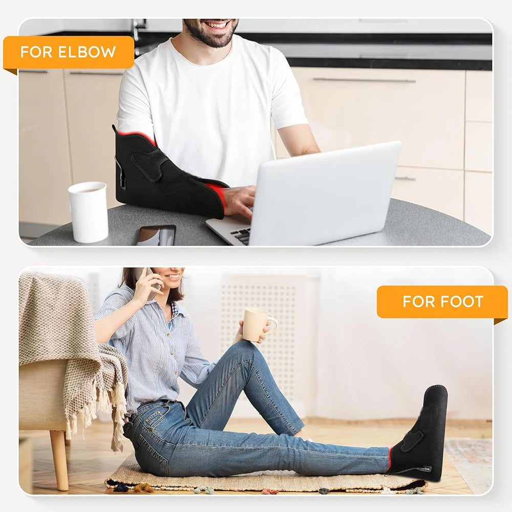 Red and infrared light therapy wrap on elbow and foot for pain relief, neuropathy, and joint recovery.