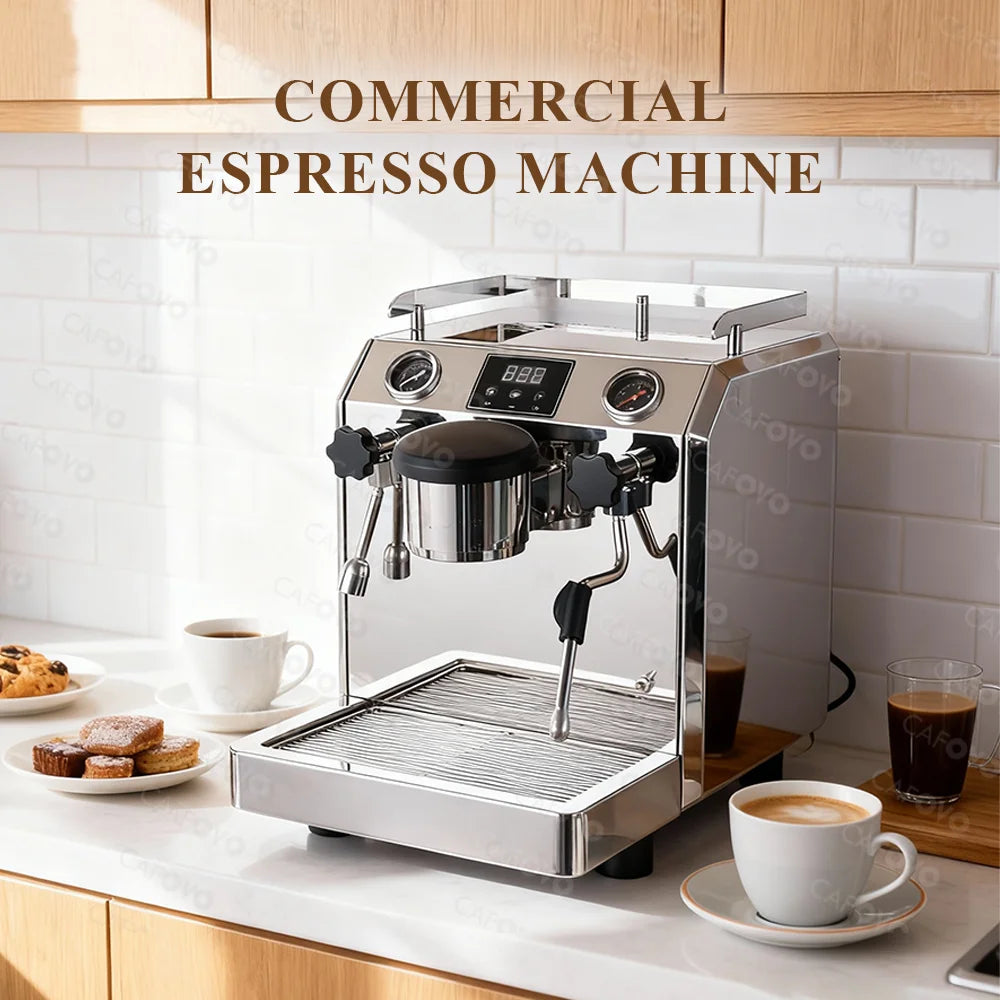 Cafoyo stainless steel commercial espresso machine with digital display, dual gauges, and steam wand in a kitchen.