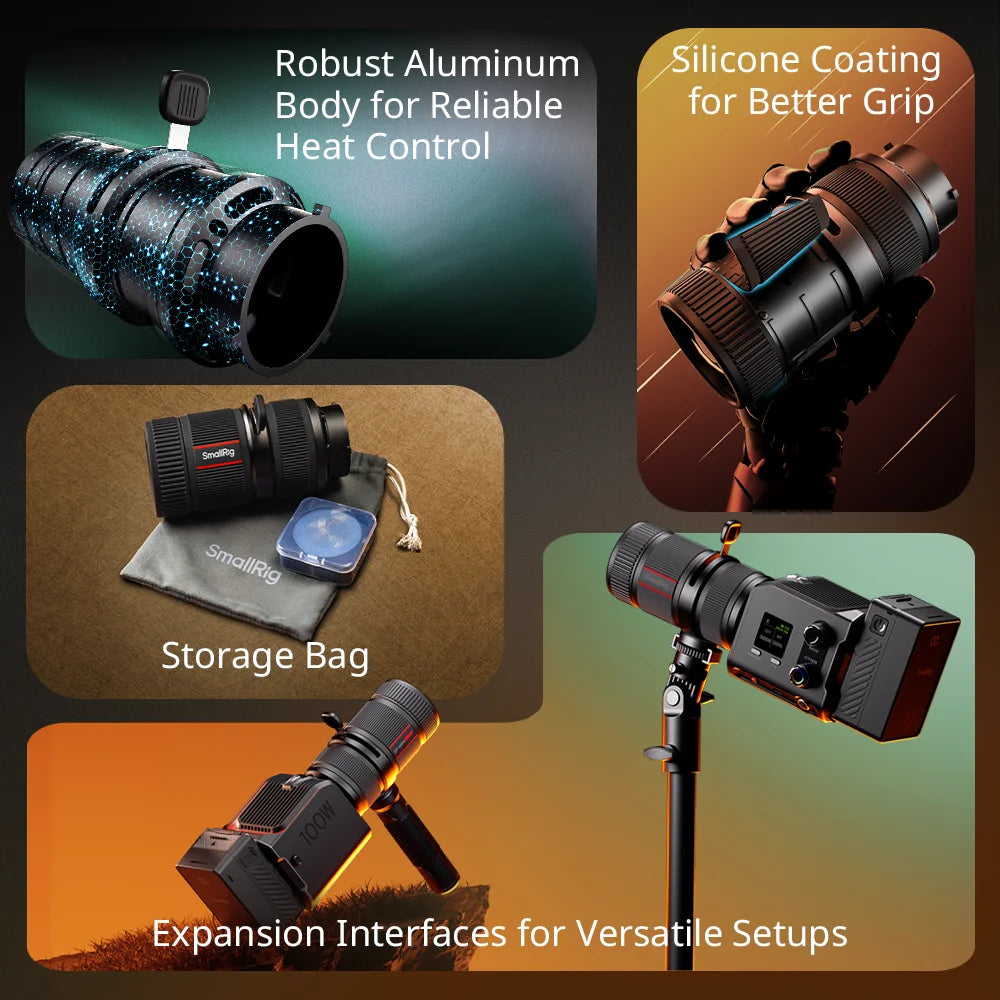 Black aluminum lens mount adapter with silicone grip and storage bag, used for mounting and cooling camera lights.